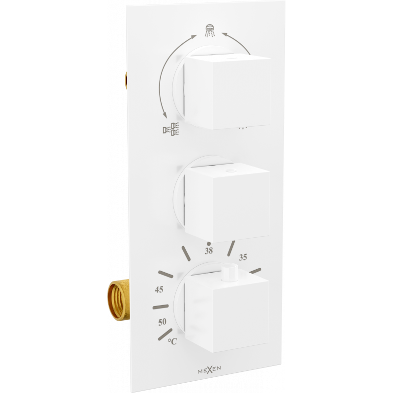 Mexen Cube baterie termostatică pentru cadă si duș cu 3 ieșiri, Albă - 77503-20