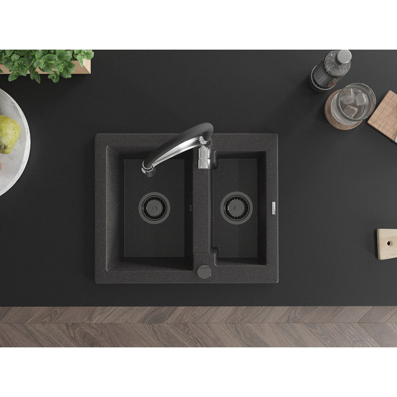 Mexen Carlos chiuvetă de granit cu 1,5 compartimente cu baterie de bucătărie Aster, negru cu pete - 6518-76-73450-07-B