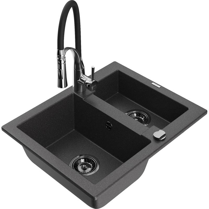 Mexen Carlos gránit mosogató 1,5 rekeszes konyhai csapteleppel Aster, fekete pöttyös - 6518-76-73450-07-B