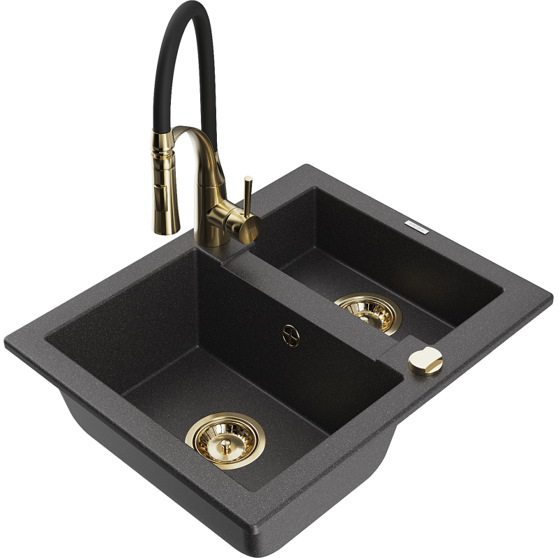 Mexen Carlos gránit mosogató 1,5 medencés konyhai csapteleppel Aster, fekete pettyes - 6518-76-73450-57-G