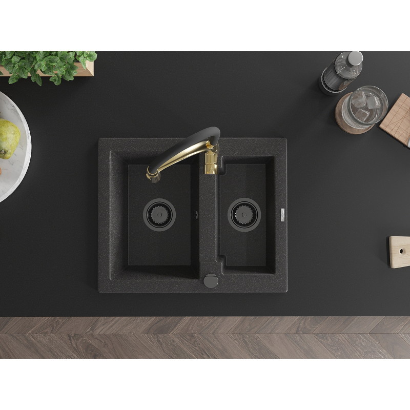 Mexen Carlos gránit mosogató 1,5 mélymosású, Aster konyhai csapteleppel, fekete pöttyös - 6518-76-73450-57-B