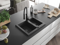 Mexen Carlos chiuvetă de granit 1,5 camere cu baterie de bucătărie Aster, negru înstelat - 6518-76-73450-70-B