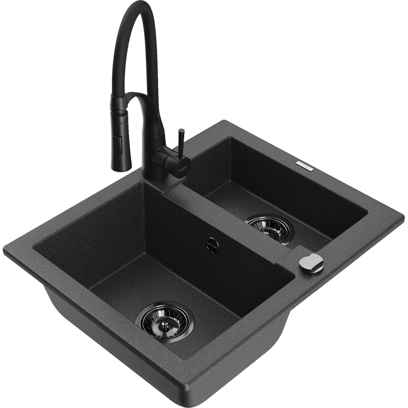 Mexen Carlos chiuvetă de granit 1,5 camere cu baterie de bucătărie Aster, negru înstelat - 6518-76-73450-70-B