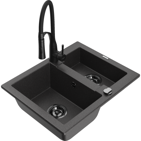 Mexen Carlos chiuvetă de granit 1,5 camere cu baterie de bucătărie Aster, negru înstelat - 6518-76-73450-70-B