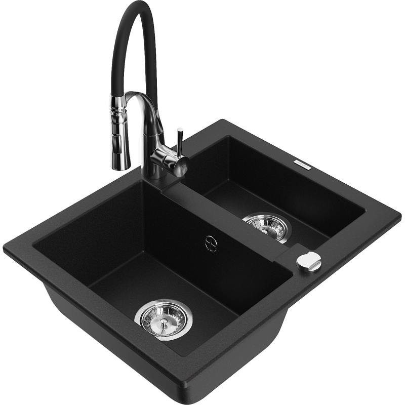 Mexen Carlos 1,5-medencés gránit mosogató Aster konyhai csapteleppel, fekete - 6518-77-73450-07