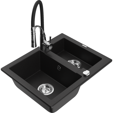 Mexen Carlos 1,5-medencés gránit mosogató Aster konyhai csapteleppel, fekete - 6518-77-73450-07