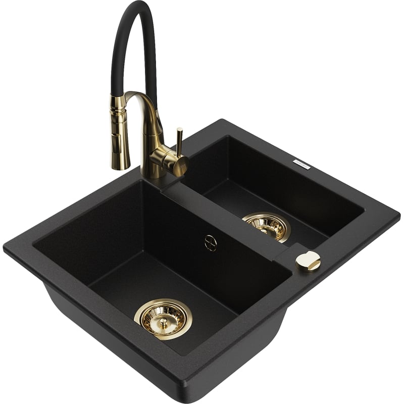 Mexen Carlos chiuvetă din granit 1,5 compartimente cu baterie de bucătărie Aster, negru - 6518-77-73450-57-G