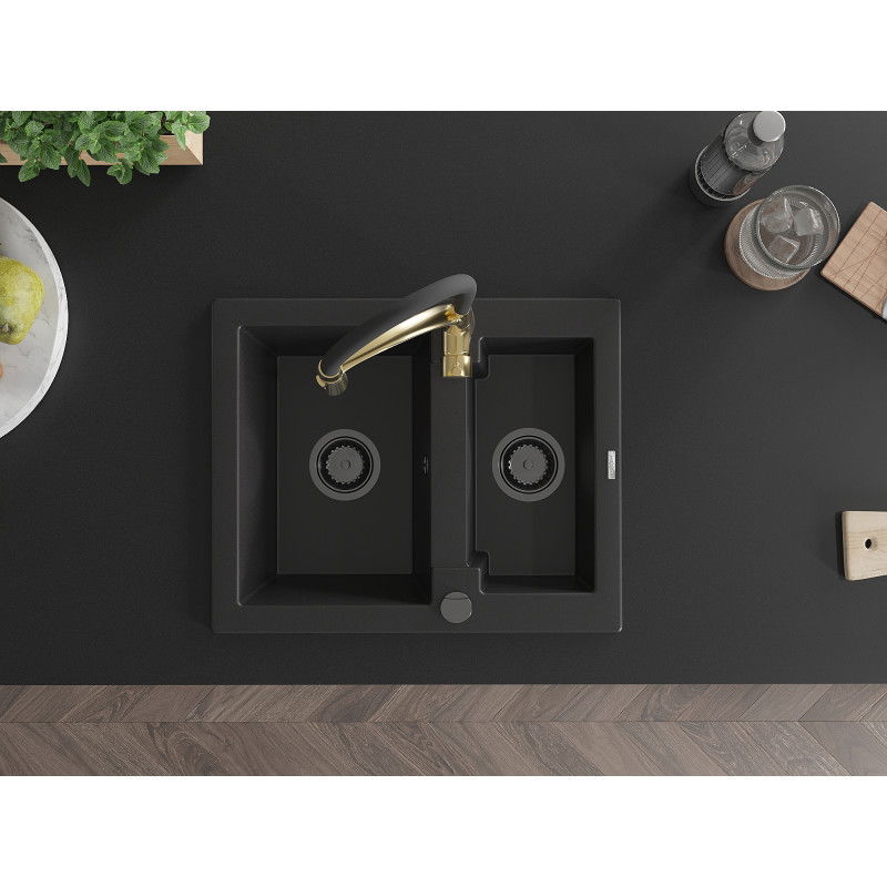 Mexen Carlos 1,5-medencés gránit mosogató Aster konyhai csapteleppel, fekete - 6518-77-73450-57-B