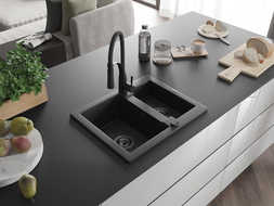 Mexen Carlos chiuvetă de granit cu 1,5 compartimente și baterie de bucătărie Aster, negru - 6518-77-73450-70-B