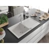 Mexen Leo chiuvetă de granit cu un compartiment, cu picurător și baterie de bucătărie Flora, Albă - 6501-20-670401-00