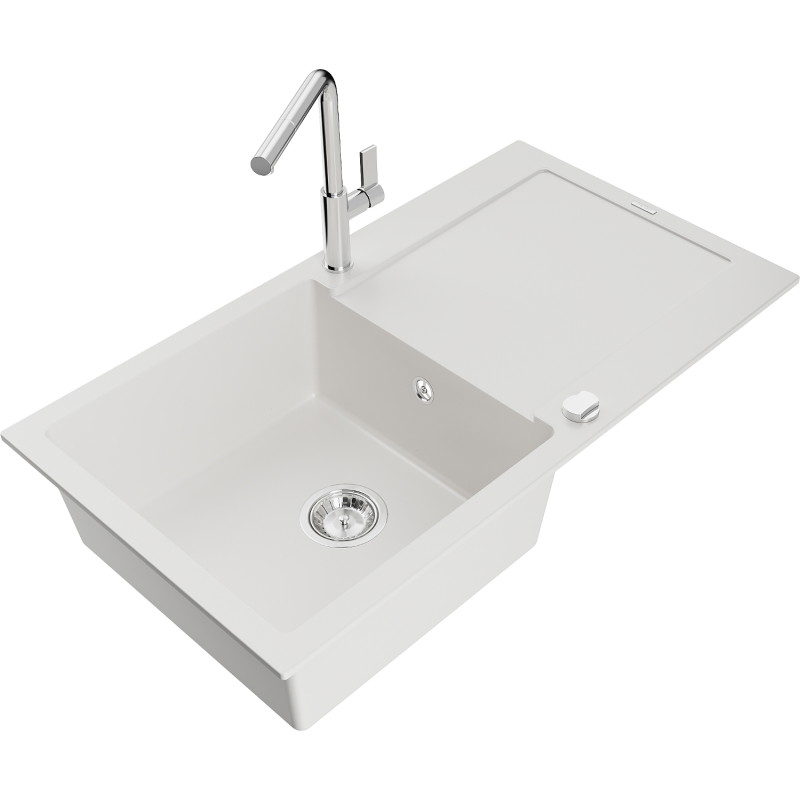 Mexen Leo chiuvetă de granit cu o cuvă și scurgător, cu baterie de bucătărie Flora, albă - 6501-20-670401-00