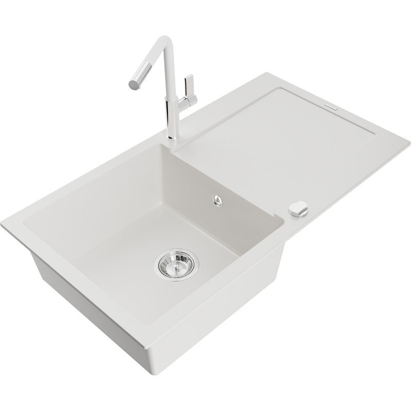 Mexen Leo chiuvetă de granit 1 compartiment cu scurgător și baterie de bucătărie Flora, alb - 6501-20-670401-02