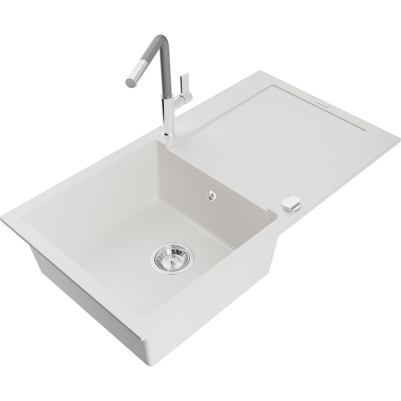 Mexen Leo chiuvetă de granit cu 1 compartiment cu scurgător și baterie de bucătărie Flora, alb - 6501-20-670401-06
