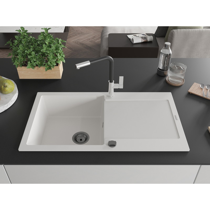 Mexen Leo chiuvetă granitică cu 1 compartiment cu scurgător și baterie de bucătărie Flora, albă - 6501-20-670401-07-B