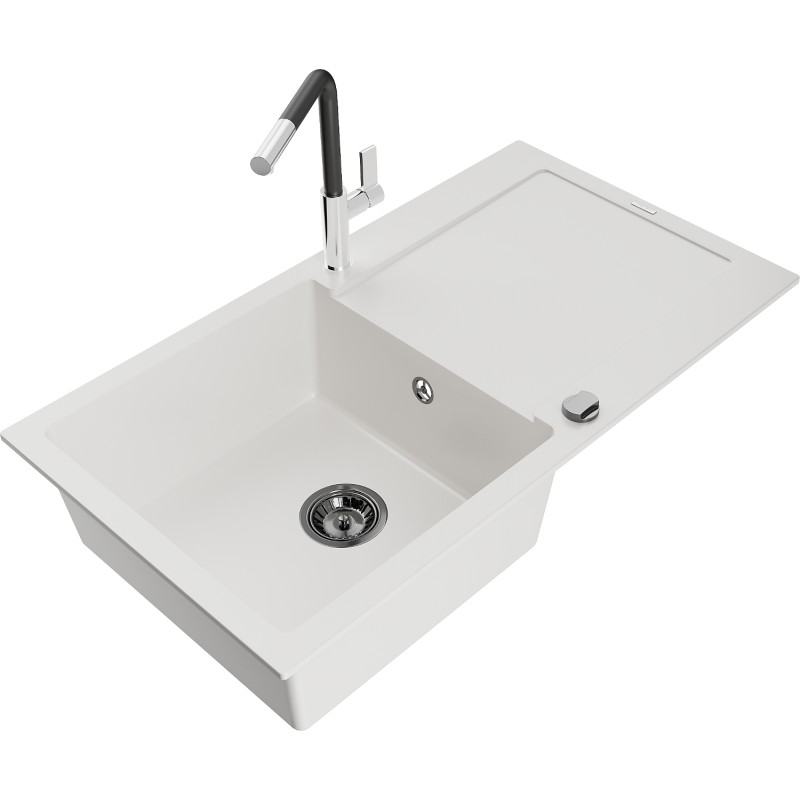 Mexen Leo chiuvetă de granit cu 1 compartiment cu scurgător și baterie bucătărie Flora, alb - 6501-20-670401-07-B