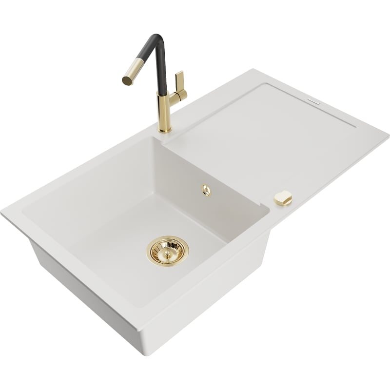 Mexen Leo 1 rekeszes, csepegtetős, gránit mosogató és Flora konyhai csaptelep, fehér - 6501-20-670401-57-G