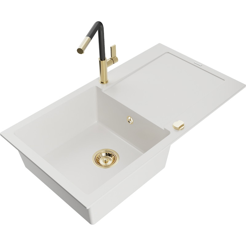 Mexen Leo chiuvetă de granit cu 1 cuvă, cu scurgător și baterie de bucătărie Flora, alb - 6501-20-670401-57-G