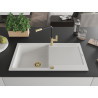 Mexen Leo chiuvetă de granit cu 1 cuvă, cu scurgător și baterie de bucătărie Flora, alb - 6501-20-670401-57-G