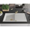 Mexen Leo chiuvetă de granit cu un compartiment, cu picurător și baterie de bucătărie Flora, Albă - 6501-20-670401-57-G