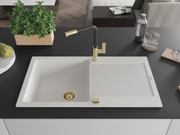 Mexen Leo chiuvetă de bucătărie granitică cu 1 compartiment și cu scurgător și baterie Flora, alb - 6501-20-670401-57-G