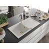 Mexen Leo chiuvetă de granit cu un compartiment, cu picurător și baterie de bucătărie Flora, Albă - 6501-20-670401-57-G