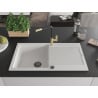 Mexen Leo chiuvetă de granit cu un compartiment, cu picurător și baterie de bucătărie Flora, Albă - 6501-20-670401-57-B
