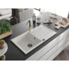 Mexen Leo chiuvetă de granit cu un compartiment, cu picurător și baterie de bucătărie Flora, Albă - 6501-20-670401-57-B