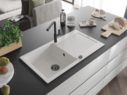 Mexen Leo 1 rekeszes gránit mosogató lefolyóval és Flora konyhai csapteleppel, fehér - 6501-20-670401-70-B