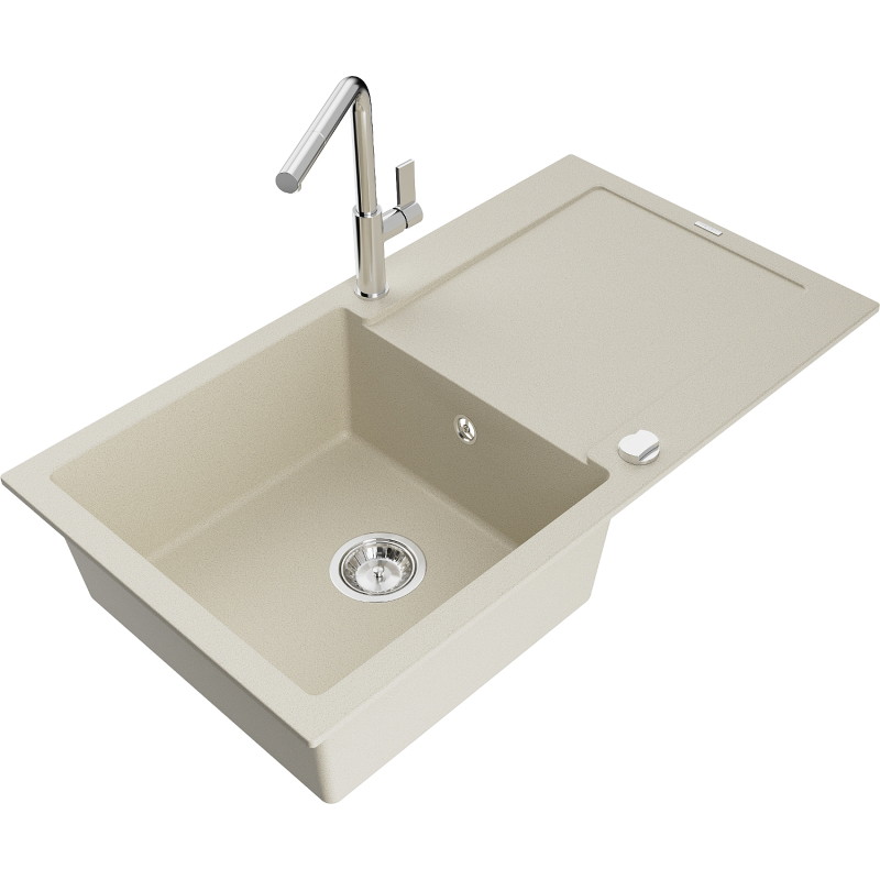 Mexen Leo chiuvetă de granit cu o cameră și scurgător și baterie de bucătărie Flora, bej - 6501-69-670401-00