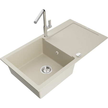 Mexen Leo chiuvetă granit 1-cameră cu uscător și baterie de bucătărie Flora, bej - 6501-69-670401-00