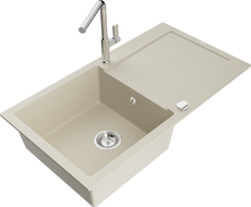 Mexen Leo 1 rekeszes gránit mosogató csepegtetővel és Flora konyhai csappal, bézs - 6501-69-670401-00