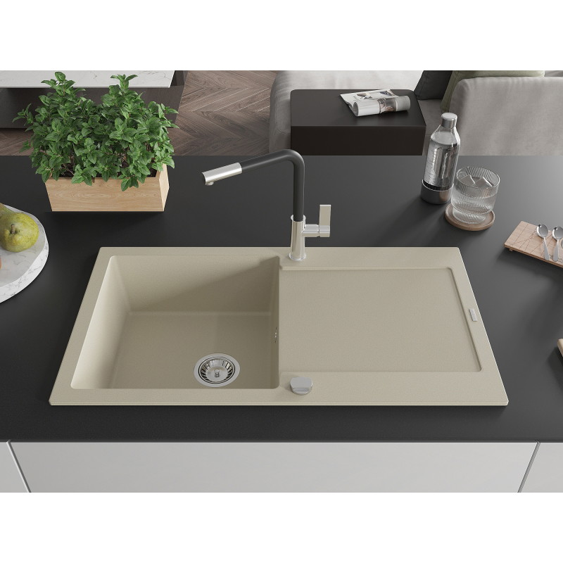 Mexen Leo chiuvetă de bucătărie din granit cu 1 compartiment, cu scurgător și baterie Flora, bej - 6501-69-670401-07