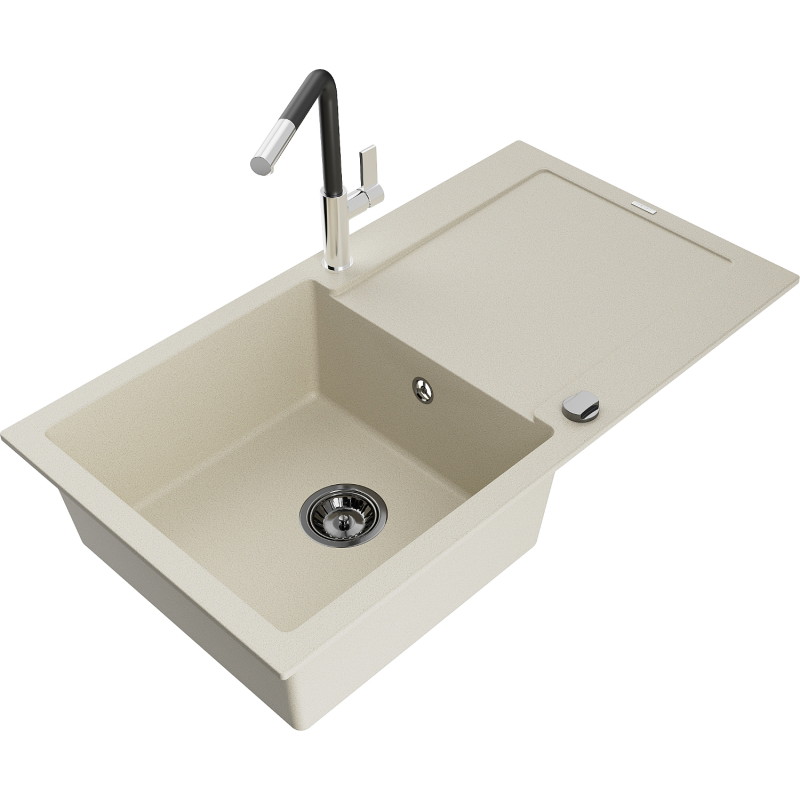 Mexen Leo chiuvetă de granit cu o cuvă și scurgător și baterie de bucătărie Flora, bej - 6501-69-670401-07-B