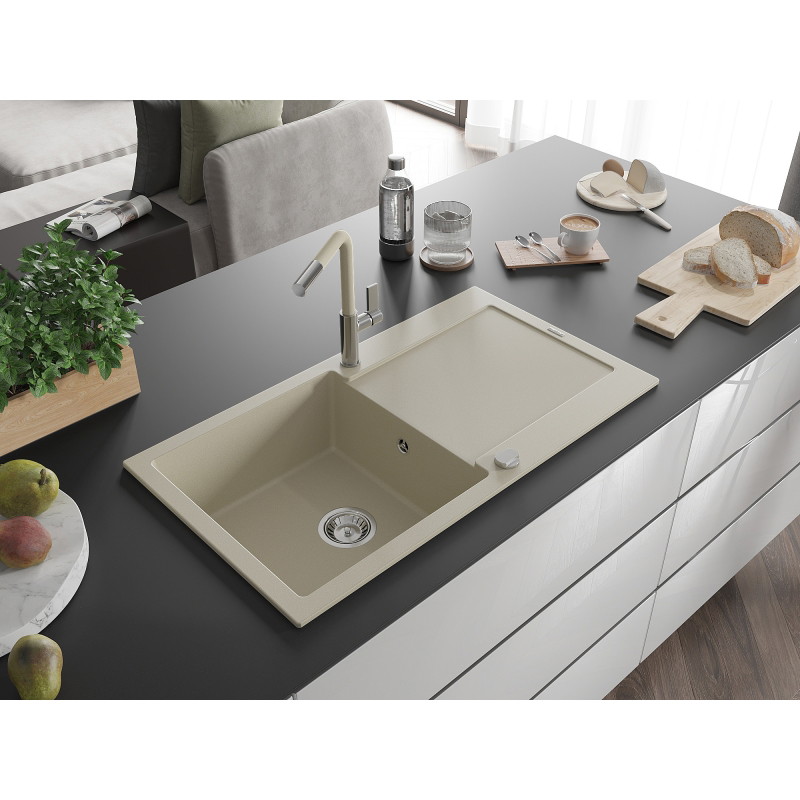 Mexen Leo Chiuvetă de granit cu 1 compartiment cu scurgător și baterie de bucătărie Flora, bej - 6501-69-670401-09
