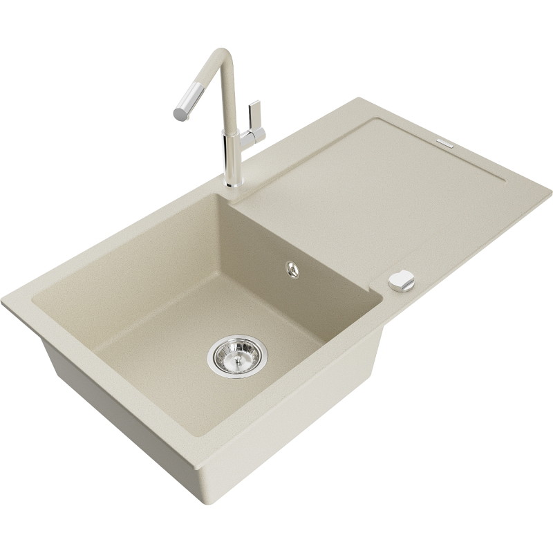 Mexen Leo Chiuvetă de granit cu 1 compartiment cu scurgător și baterie de bucătărie Flora, bej - 6501-69-670401-09