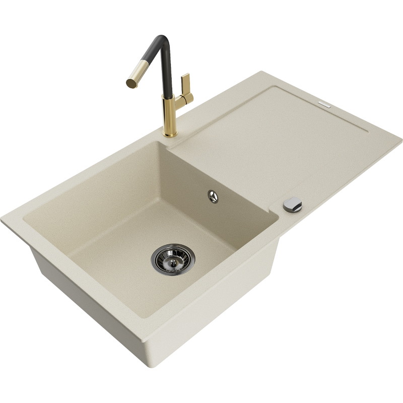 Mexen Leo chiuvetă de granit cu 1 cuvă cu scurgător și baterie de bucătărie Flora, bej - 6501-69-670401-57-B