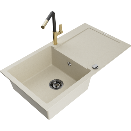 Mexen Leo 1 rekeszes, Flora konyhai csapteleppel ellátott gránit mosogatótálca, csepegtető és homokszínű kivitelben