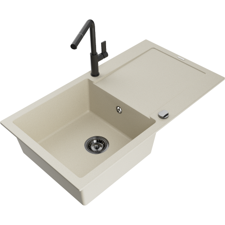 Mexen Leo chiuvetă granit 1-cameră cu scurgător și baterie bucătărie Flora, bej - 6501-69-670401-70-B