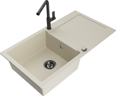 Mexen Leo egykamrás, csepegtetős gránit mosogató Flora konyhai csapteleppel, beige - 6501-69-670401-70-B