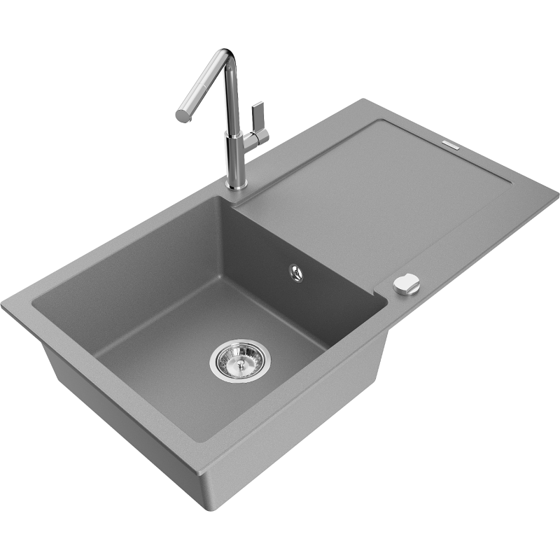 Mexen Leo chiuvetă granitică 1-ocfamă cu scurgător și baterie de bucătărie Flora, gri - 6501-71-670401-00