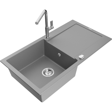 Mexen Leo chiuvetă granitică 1-ocfamă cu scurgător și baterie de bucătărie Flora, gri - 6501-71-670401-00