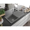 Mexen Leo chiuvetă de granit cu un compartiment, cu picurător și baterie de bucătărie Flora, gri - 6501-71-670401-06