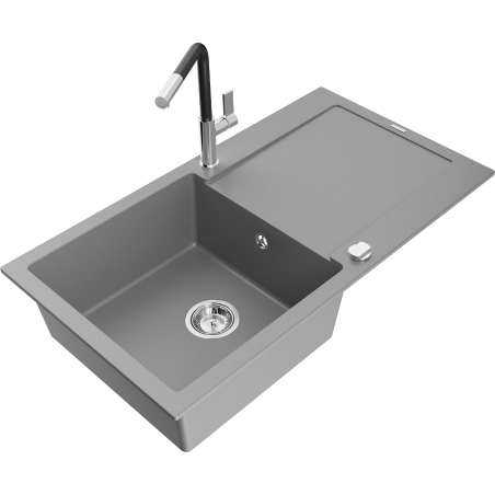 Mexen Leo chiuvetă de bucătărie din granit cu 1 cameră cu picurător și baterie Flora, gri - 6501-71-670401-07