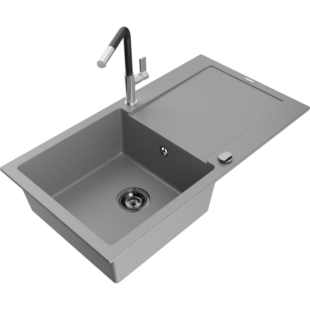 Mexen Leo chiuvetă de bucătărie din granit cu 1 compartiment, cu scurgător și baterie Flora, gri - 6501-71-670401-07-B
