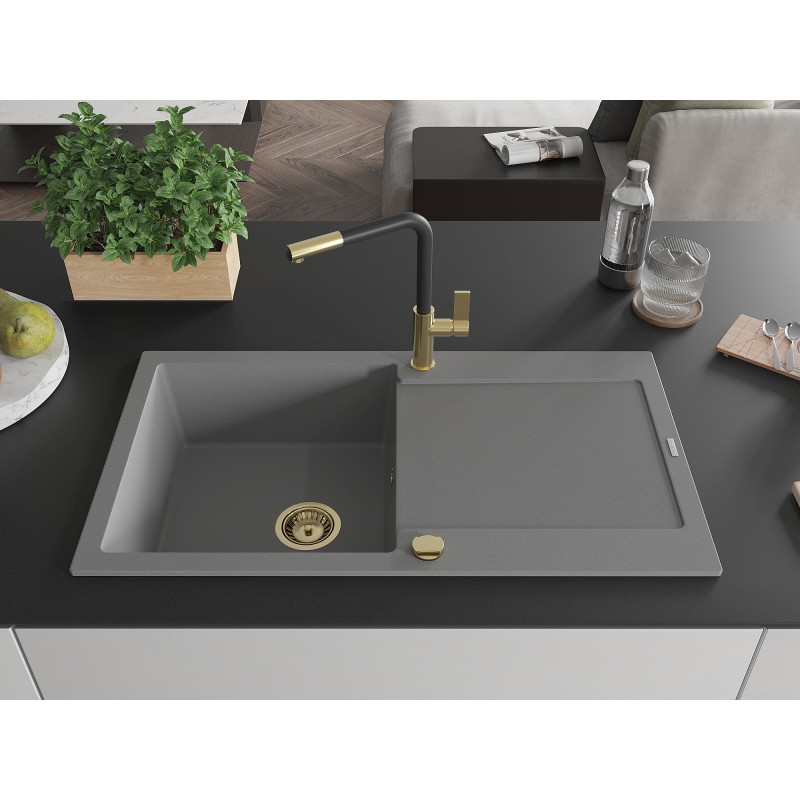 Mexen Leo chiuvetă de granit cu 1 compartiment, cu picurător și baterie de bucătărie Flora, gri - 6501-71-670401-57-G