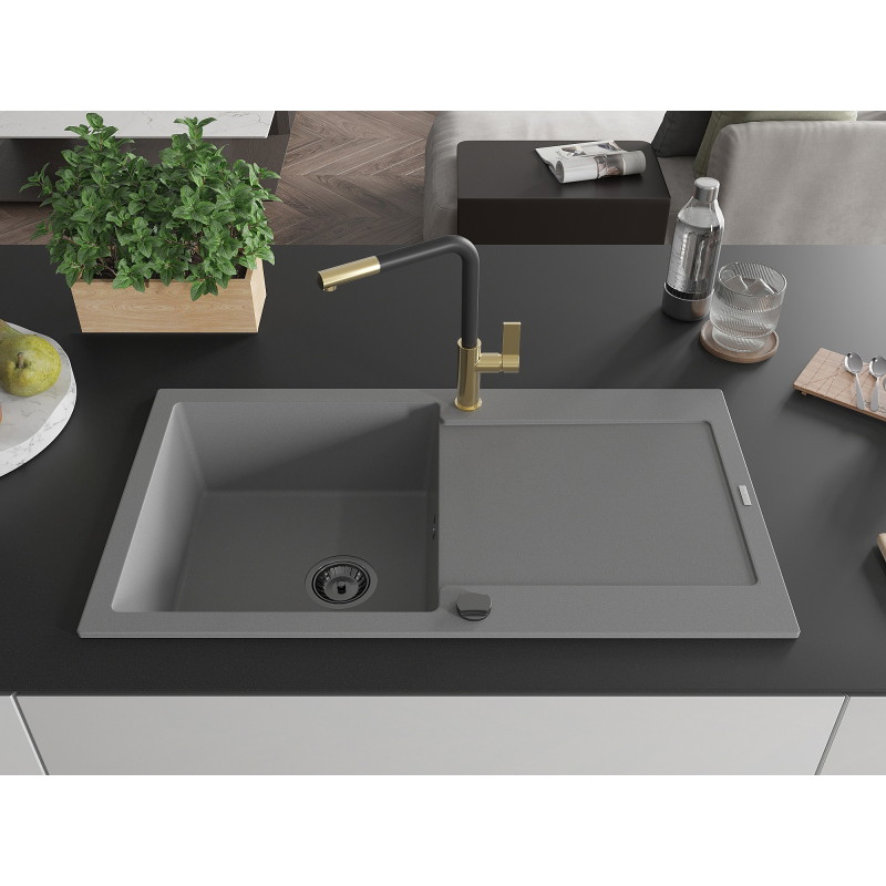 Mexen Leo chiuvetă de granit cu 1 compartiment, cu scurgător și baterie de bucătărie Flora, gri - 6501-71-670401-57-B