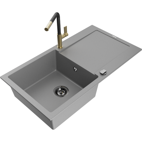 Mexen Leo chiuvetă de bucătărie din granit cu 1 cuvă și picurător, cu baterie Flora, gri - 6501-71-670401-57-B