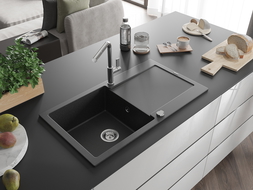 Mexen Leo chiuvetă de bucătărie din granit cu 1 compartiment cu scurgător și baterie Flora, negru/argintiu metalizat