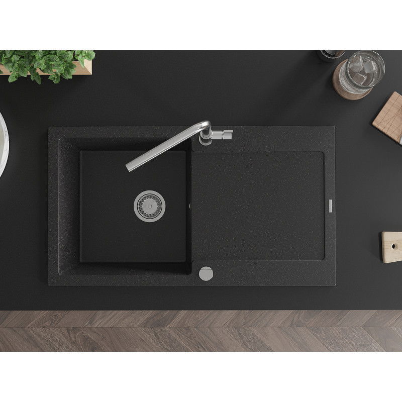 Mexen Leo egykamrás gránit mosogató csepegtetővel és Flora konyhai csapteleppel, fekete/ezüst metál - 6501-73-670401-00
