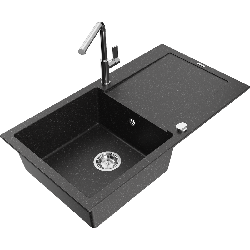 Mexen Leo chiuvetă granitică 1-cameră cu scurgător și baterie bucătărie Flora, negru/argintiu metalic - 6501-73-670401-00